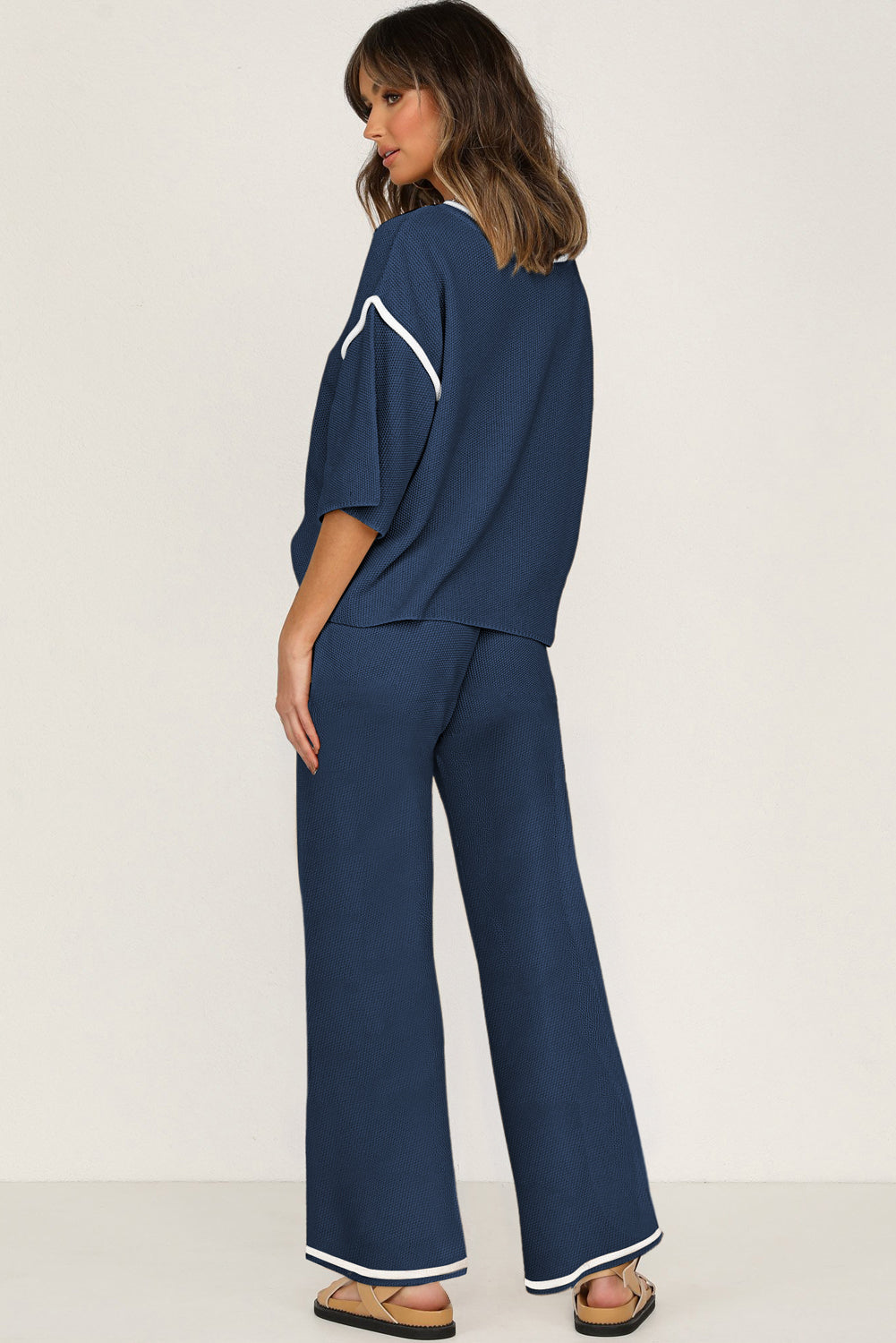 Blackish Green Contrast Trim Half Sleeve Top Drawstring Pants Loose 2pcs Sweater Suit