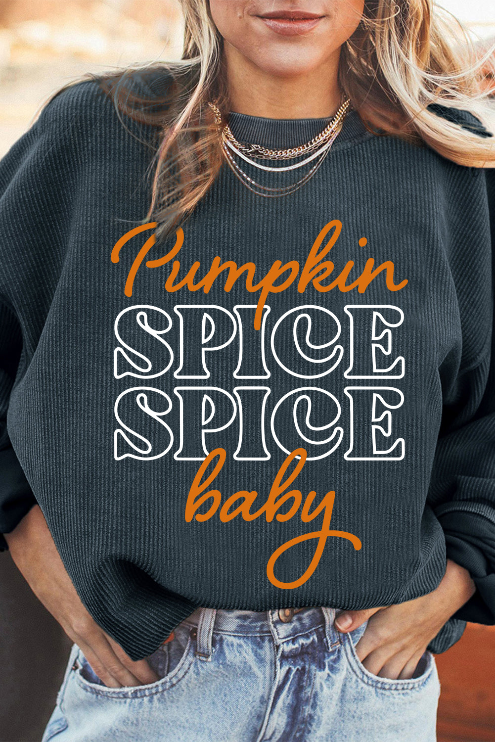 Dark Grey Pumpkin Spice Baby Graphic Textured Sweatshirt