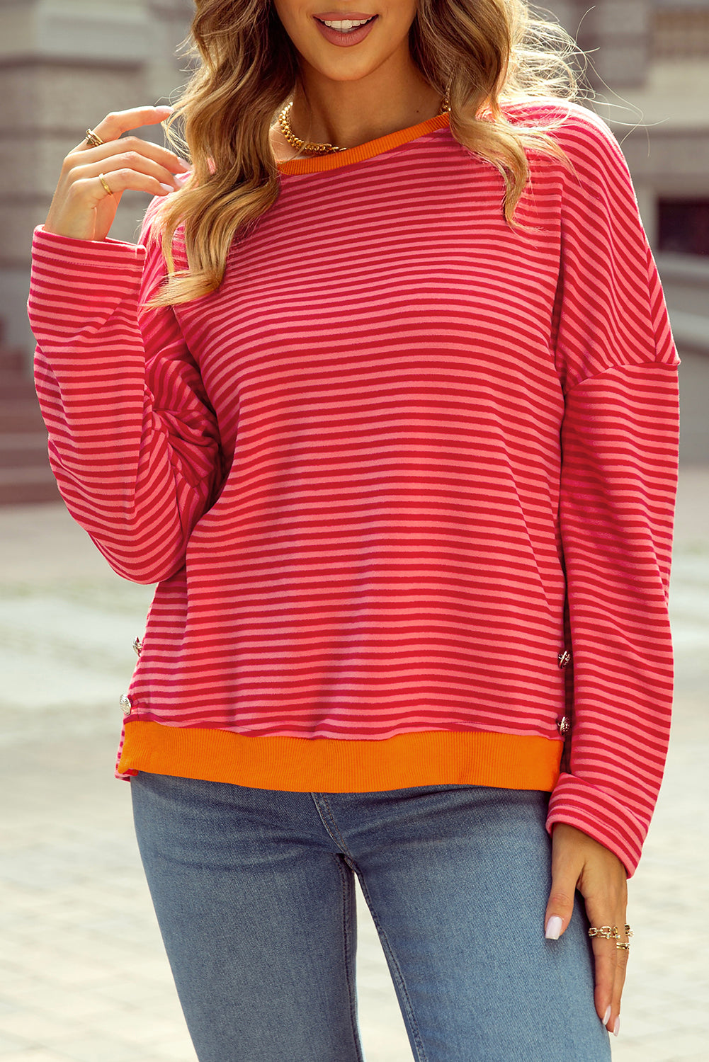 Orange Stripe Plus Size Drop Shoulder Long Sleeve Buttoned Decor Top