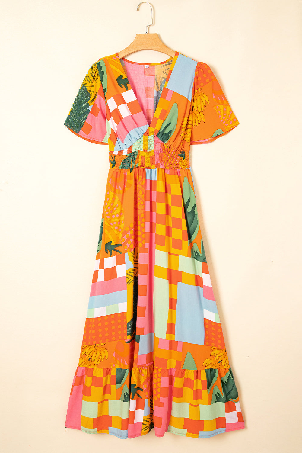 Orange Floral Print Smocked Empire Waist V Neck Maxi Dress