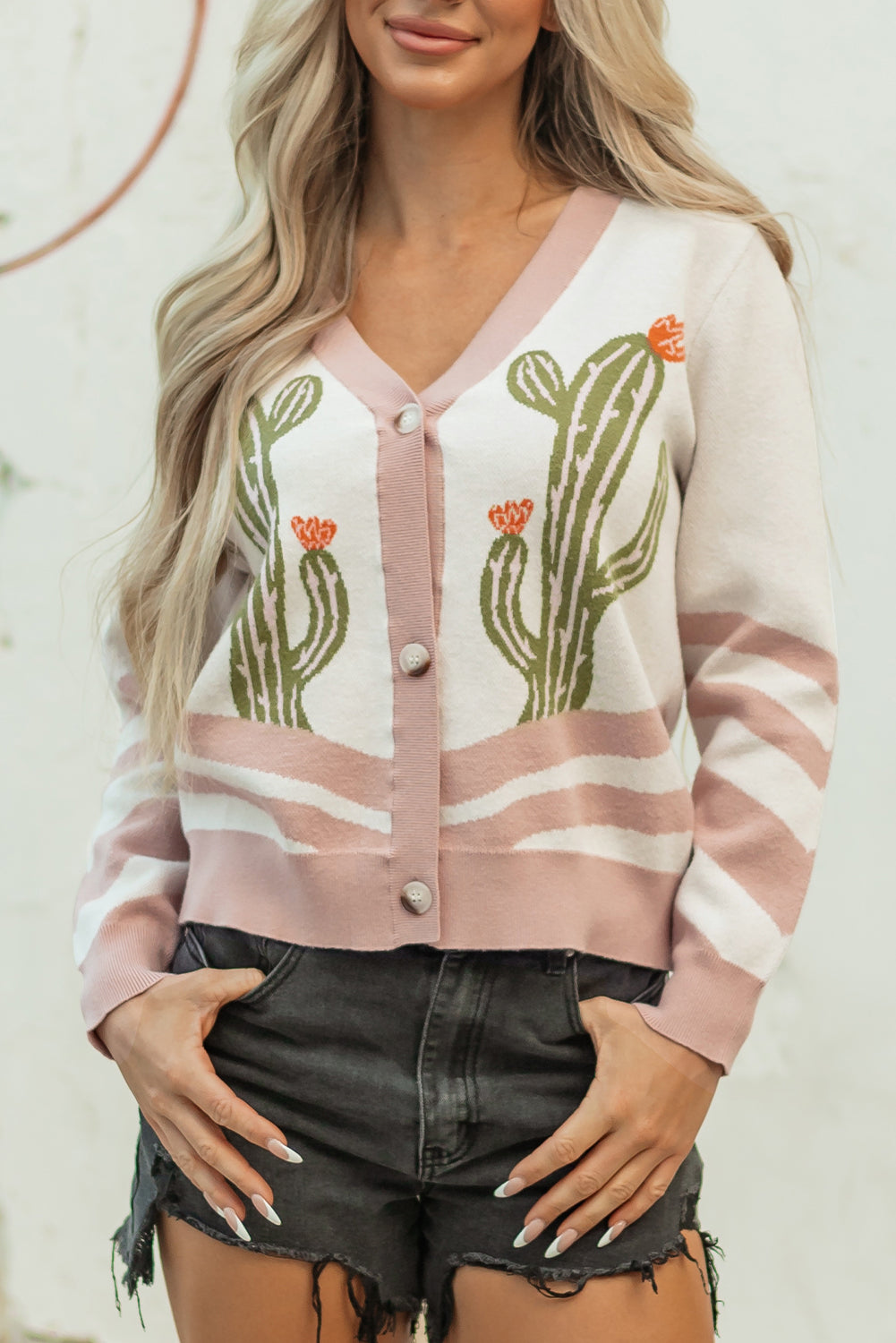 Apricot Western Desert Cactus Print Plus Size Button Cardigan Sweater
