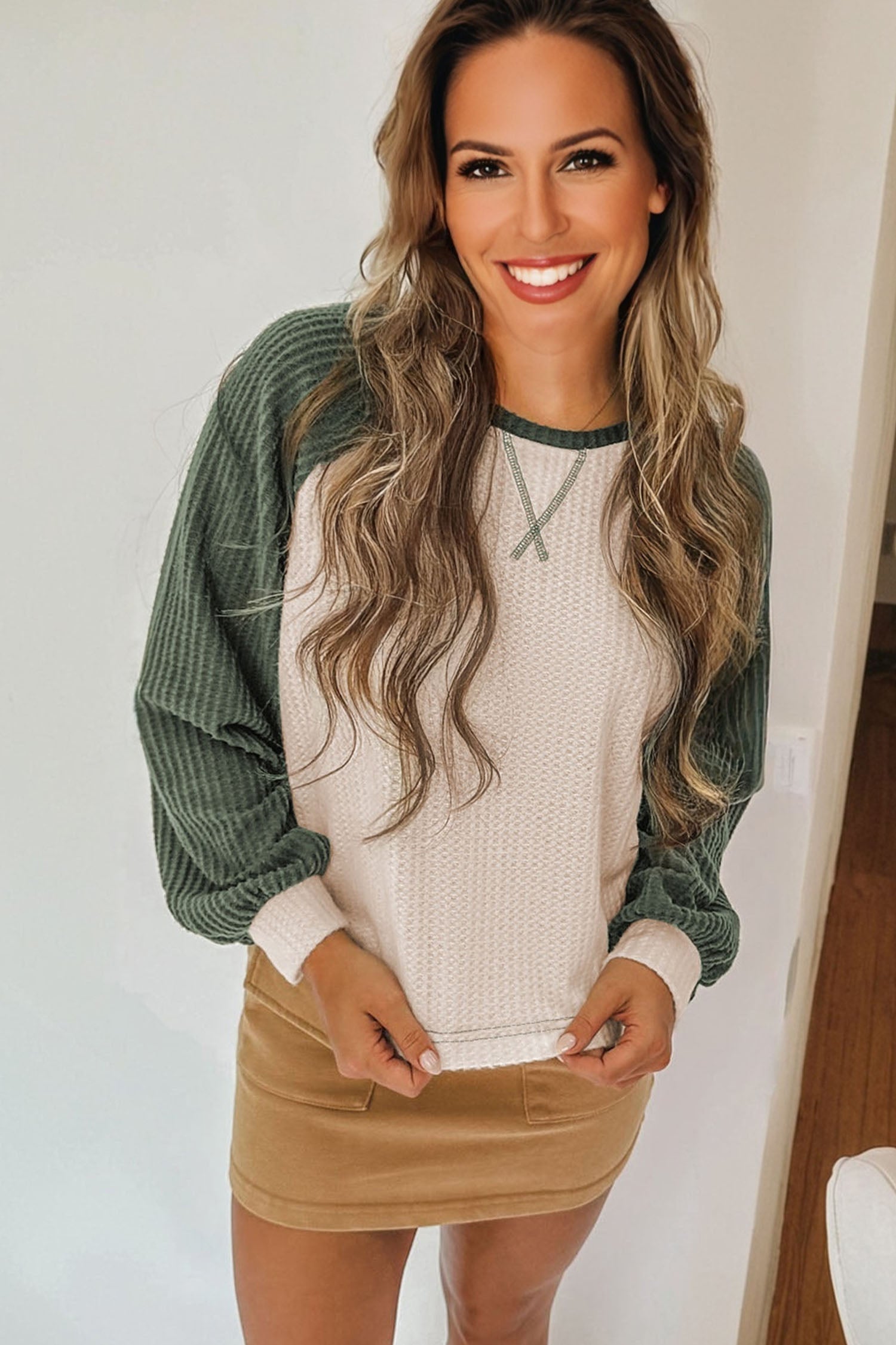 Mist Green Plus Size Waffled Color Block Long Sleeve Top