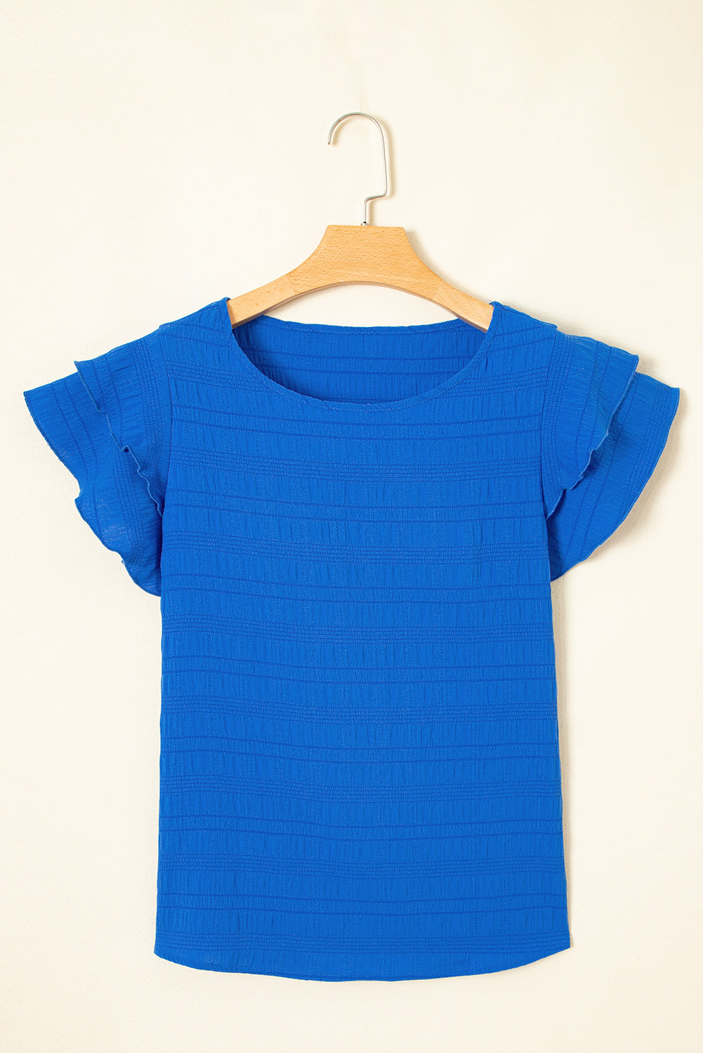 Dark Green Textured Ruffled Sleeve Round Neck Top