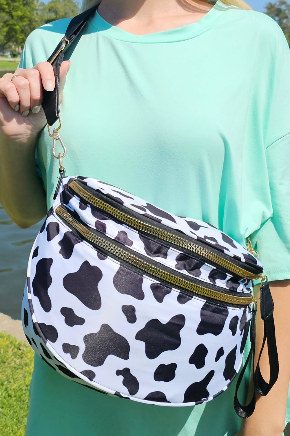 Jungle Green Double Zip Crescent Shape Adjustable Sling Bag
