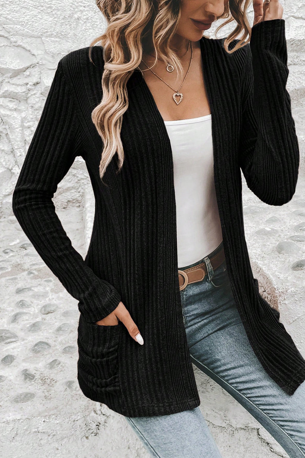 Stone Blue Ribbed Open Front Knitted Top with Pockets