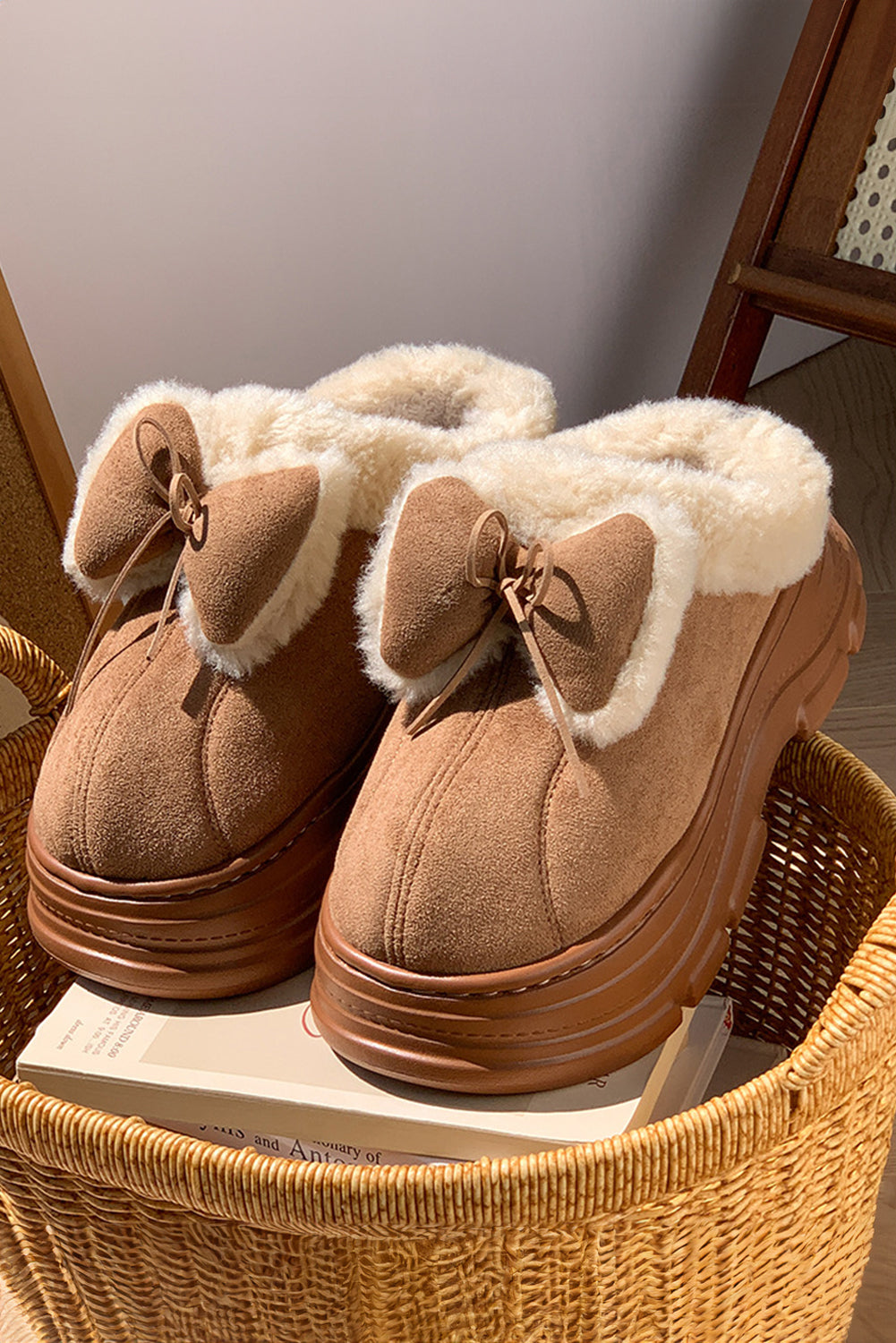 Straw Yellow Cozy Faux Fur Lined Bow Decor Clog Slippers