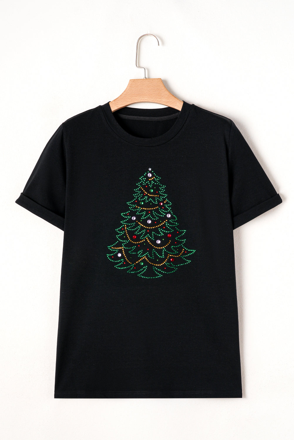 Black Rhinestone Christmas Tree Round Neck Graphic Tee