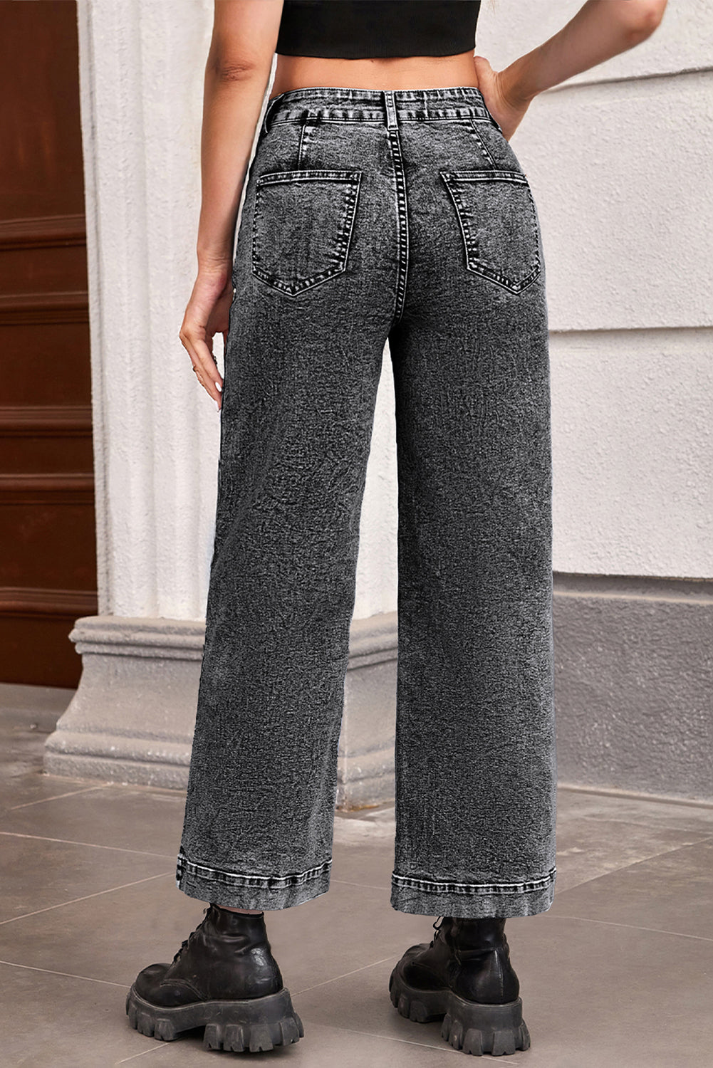 Light Blue Chic Patch Pocket Straight Leg Loose Jeans