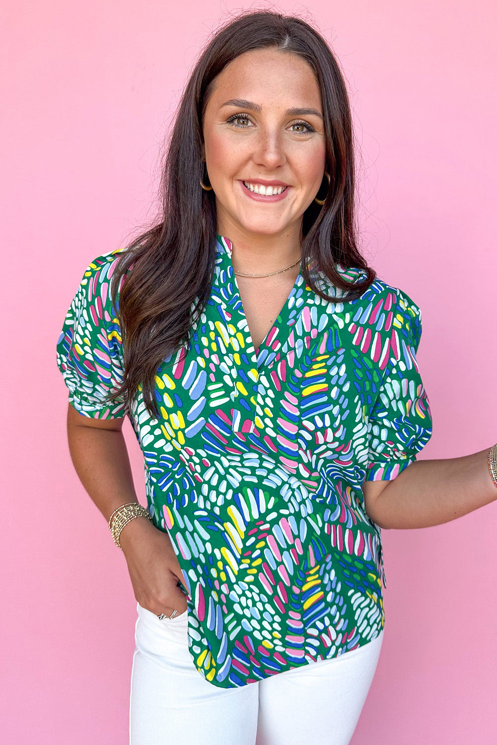 Green Brushwork Geometric Print Puff Sleeve Notched Neck Blouse