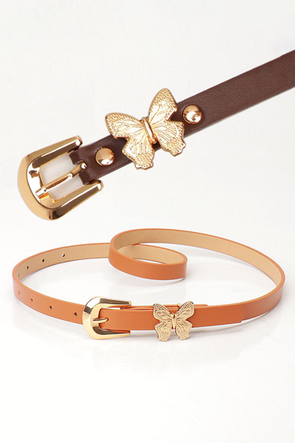 Thai Curry Butterfly Decor Buckle PU Leather Thin Waist Belt