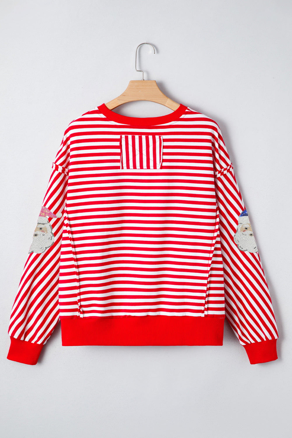 Red Stripe Sequin Santa Round Neck Raw Seam Detail Christmas Long Sleeve Top