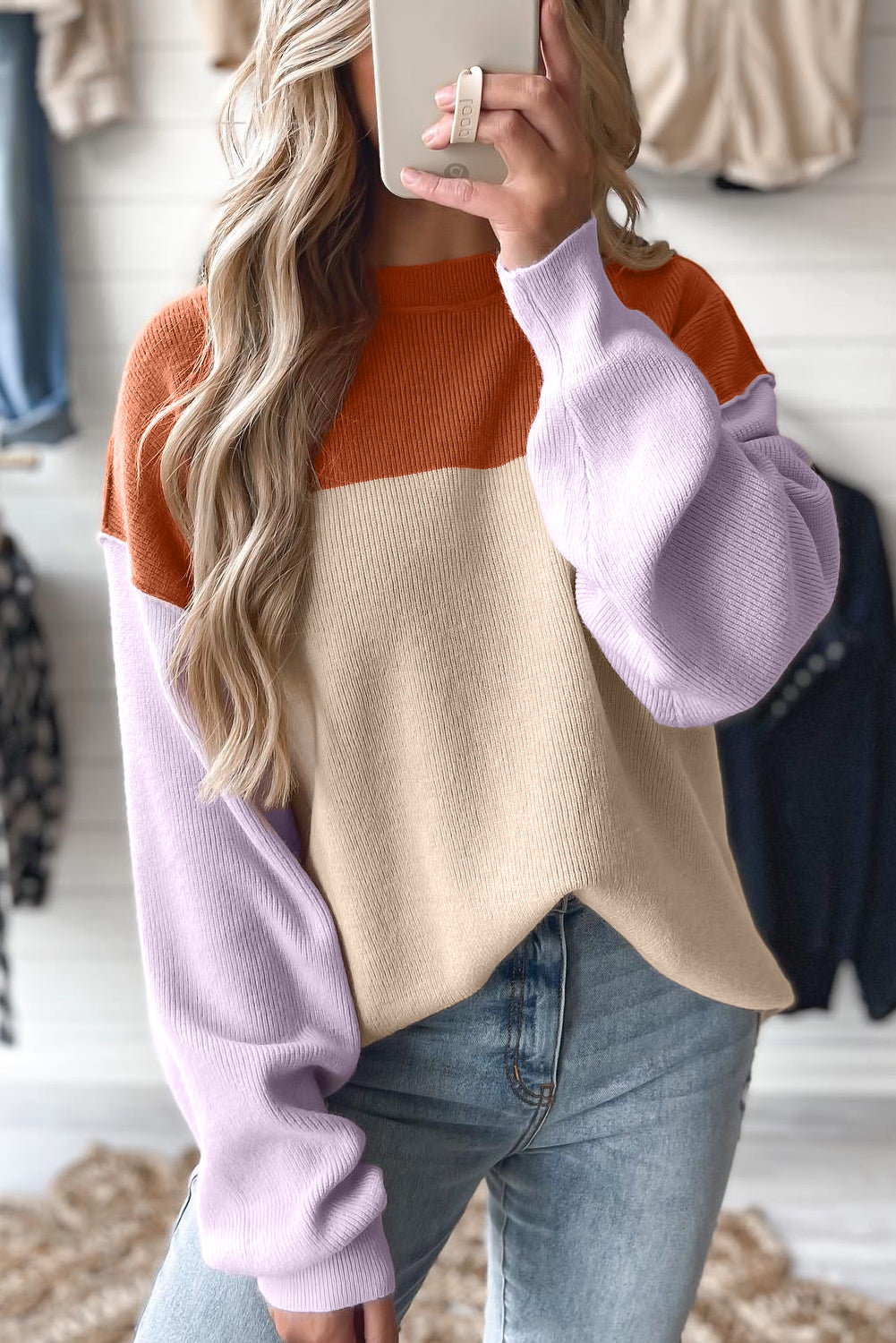 Green Color Block Plain Ribbed Knit Baggy Sweater