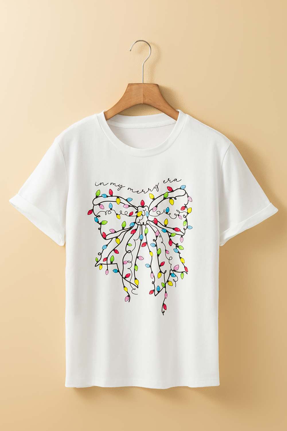 White Colored Light Bowknot Graphic Crewneck T Shirt