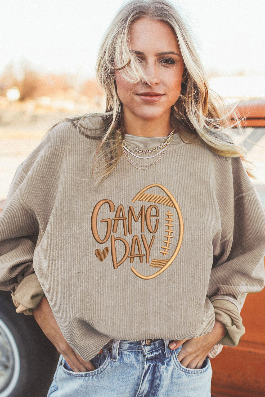Apricot Rugby Game Day Embroidered Corduroy Sweatshirt