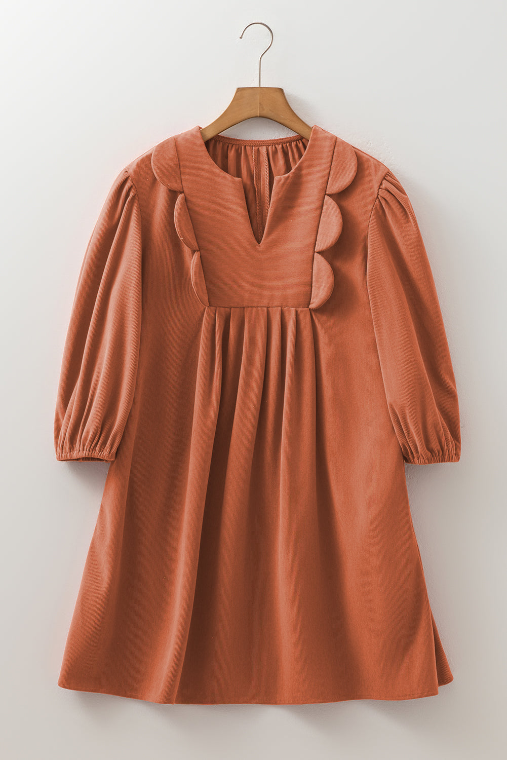 Moss Green Bracelet Sleeve Split Neck Scallop Detail Pleated Corduroy Mini Dress