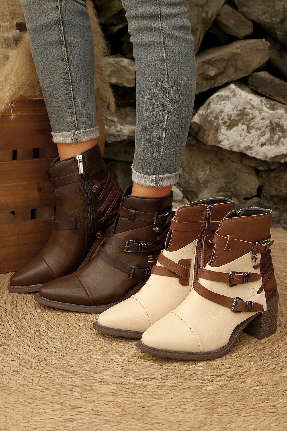 White Faux Leather Color Block Patchwork Lace Up Buckle Detail Boots