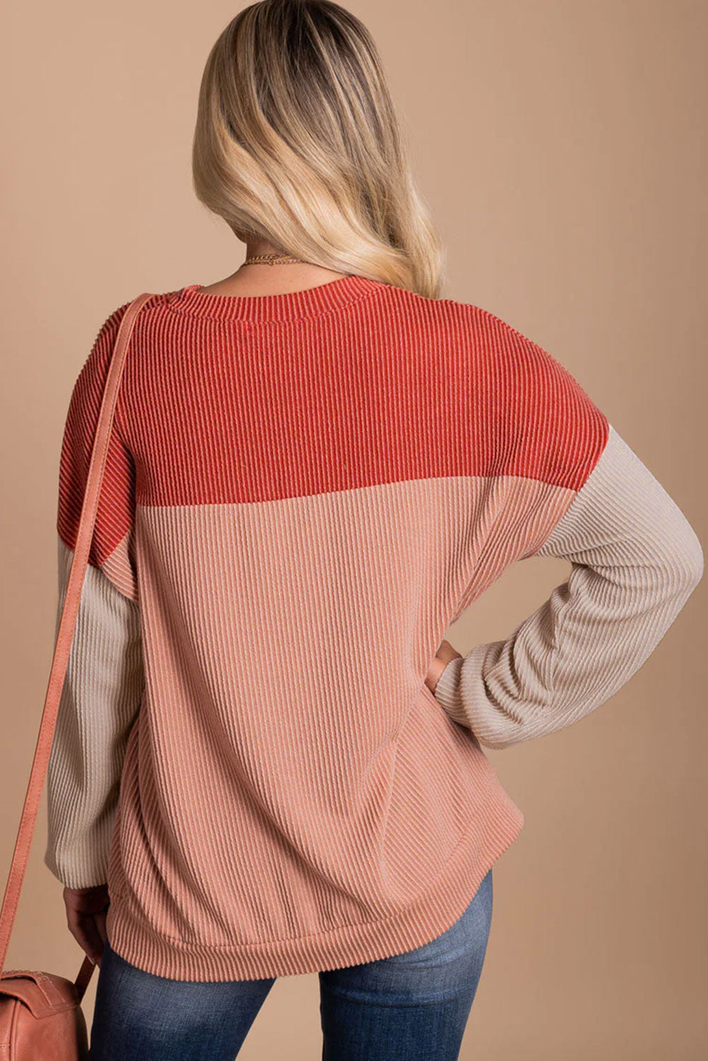 Pale Chestnut Color Block Corded Long Sleeve Top