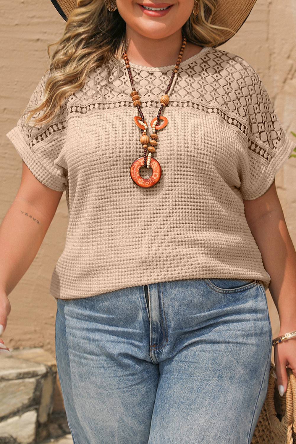 Mist Green Lace Patchwork Waffle Short Sleeve Top