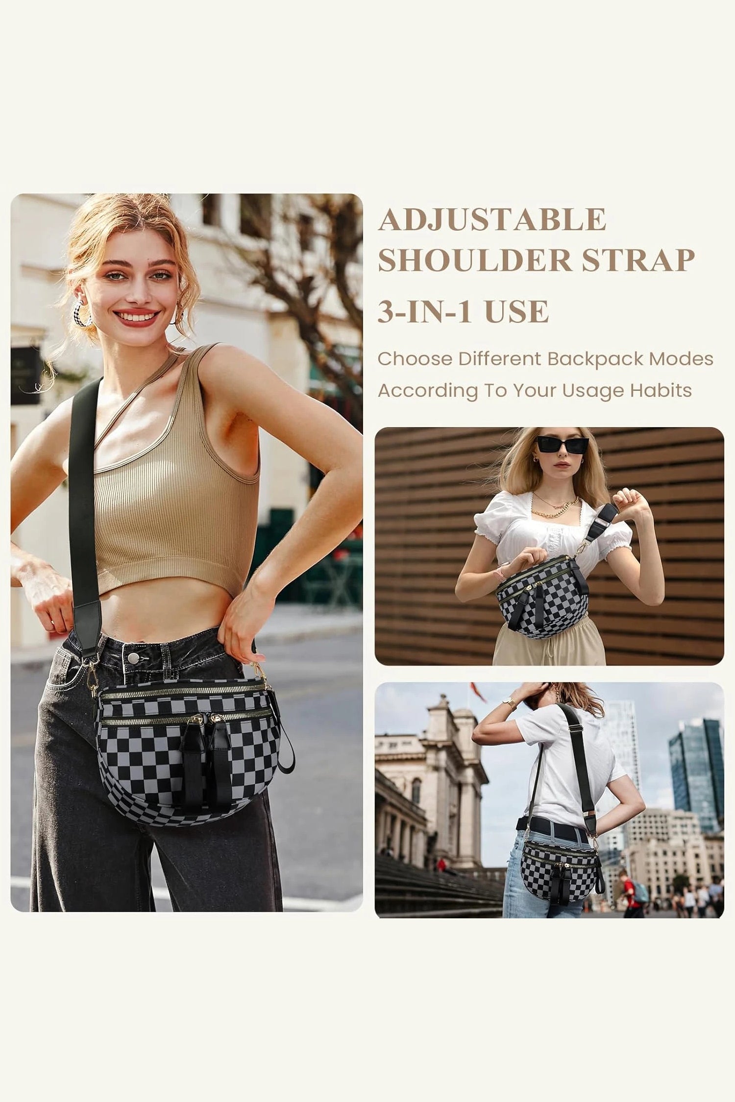 Color black Checkered Print Multi Pocket Zipped Canvas Crossbody Bag