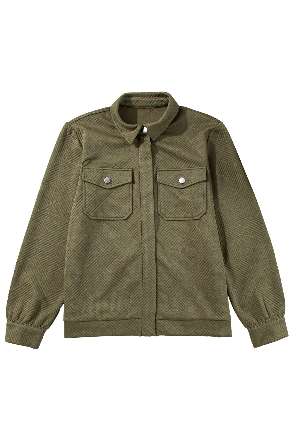 Coffee Solid Color Zip Up Button Flap Pocket Shirt Collar Jackets