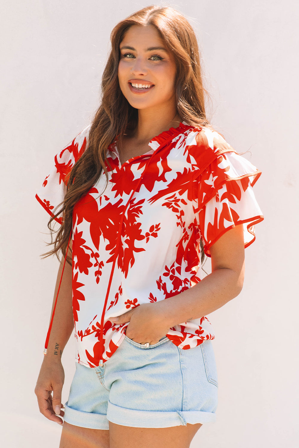 Red Floral Print Trimmed V Neck Ruffle Sleeve Long Dress
