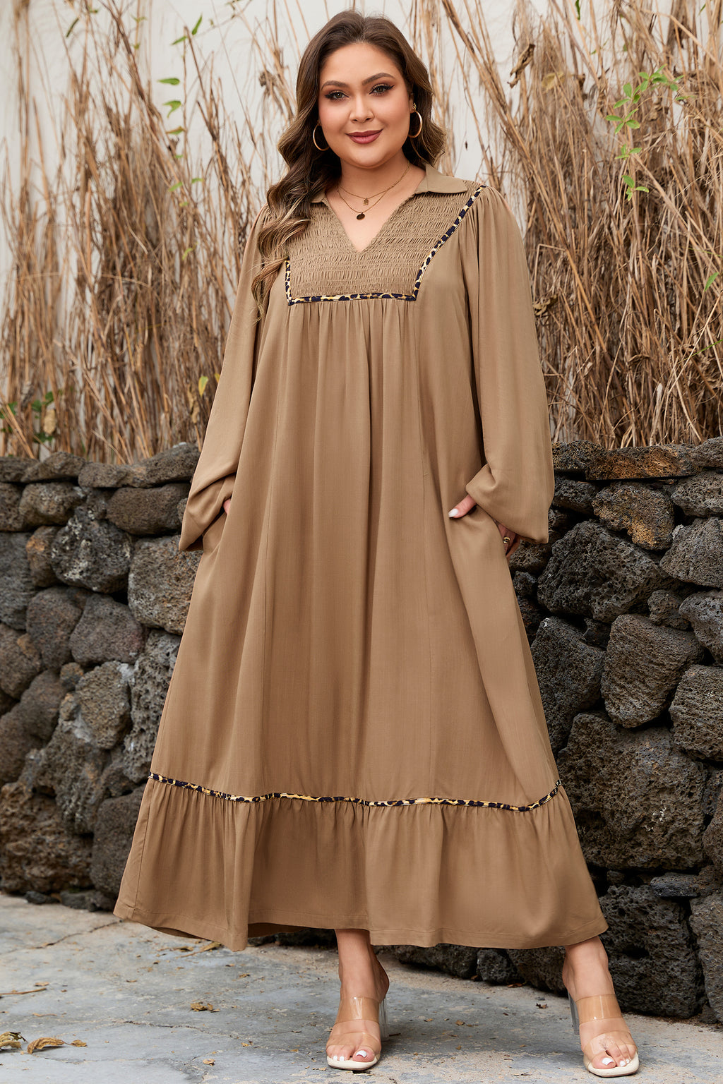Four Leaf Clover Collared V Neck Smocked Detail Contrast Leopard Trim Bracelet Sleeve Long Dress