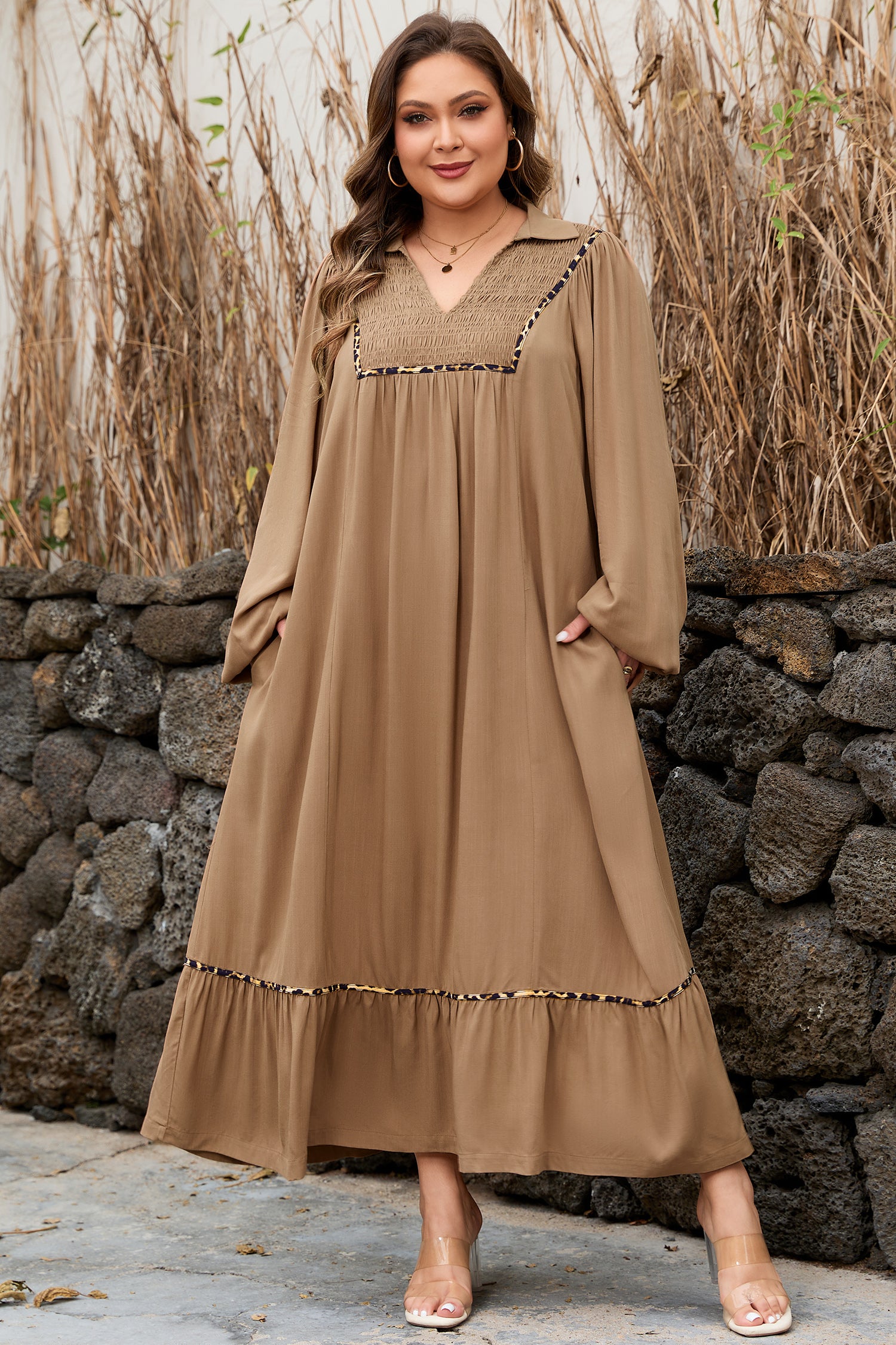 Four Leaf Clover Collared V Neck Smocked Detail Contrast Leopard Trim Bracelet Sleeve Long Dress