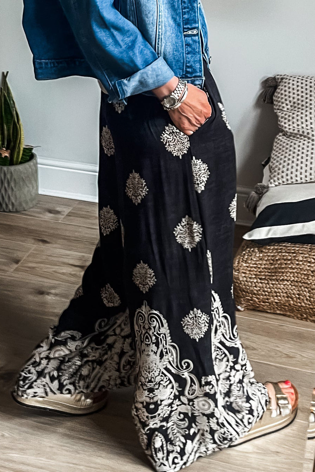 Black Plus Size Geometric Ethnic Print Drawstring Wide Leg Pants