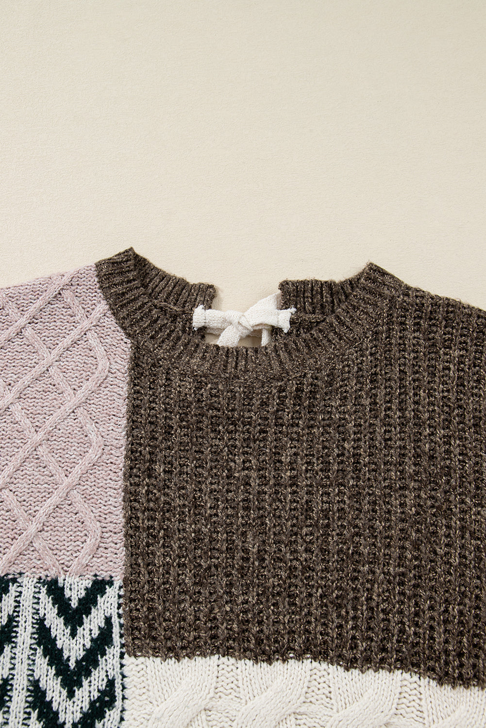Brown Color Block Patchwork Knotted Back Loose Fit Sweater