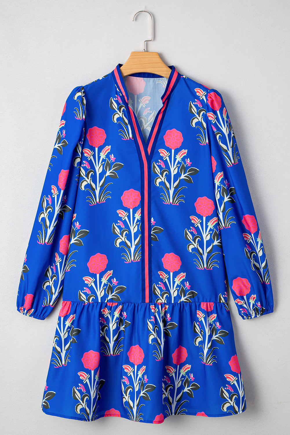 White Floral Print Contrast Striped Trim Notched Neck Long Sleeve Dress