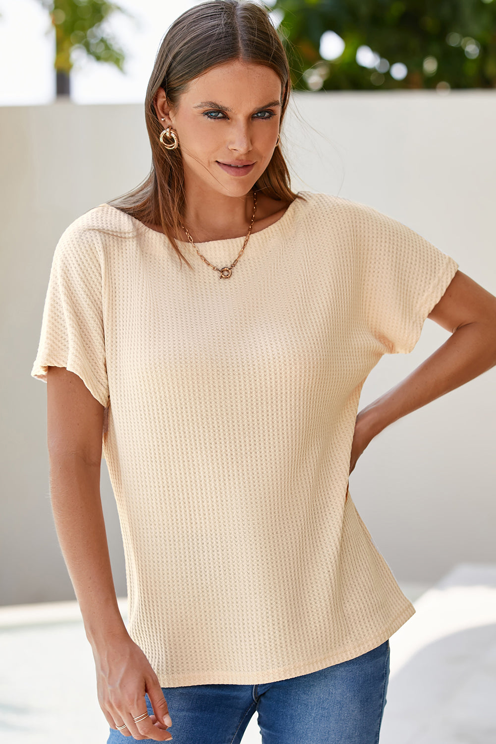 White Waffle Knit Boat Neck Short Sleeve Top