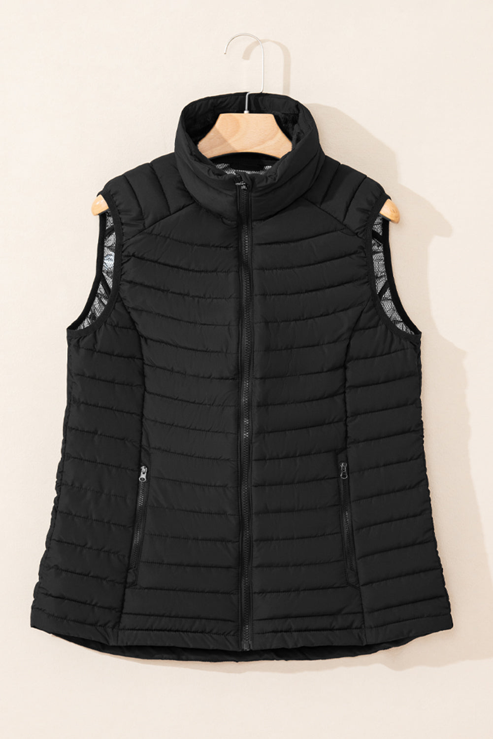 Silvery Plush Collared Quilted Zipped Puffer Vest