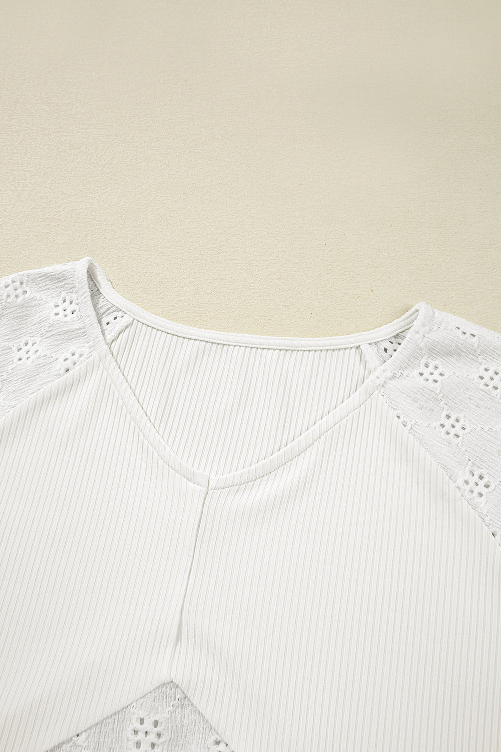 White Twisted Rib Patchwork Embroidered Loose V Neck Long Sleeve Top