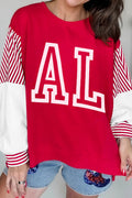 Fiery Red AL Letter Printed Color Block Striped Patchwork Baggy Sweatshirt