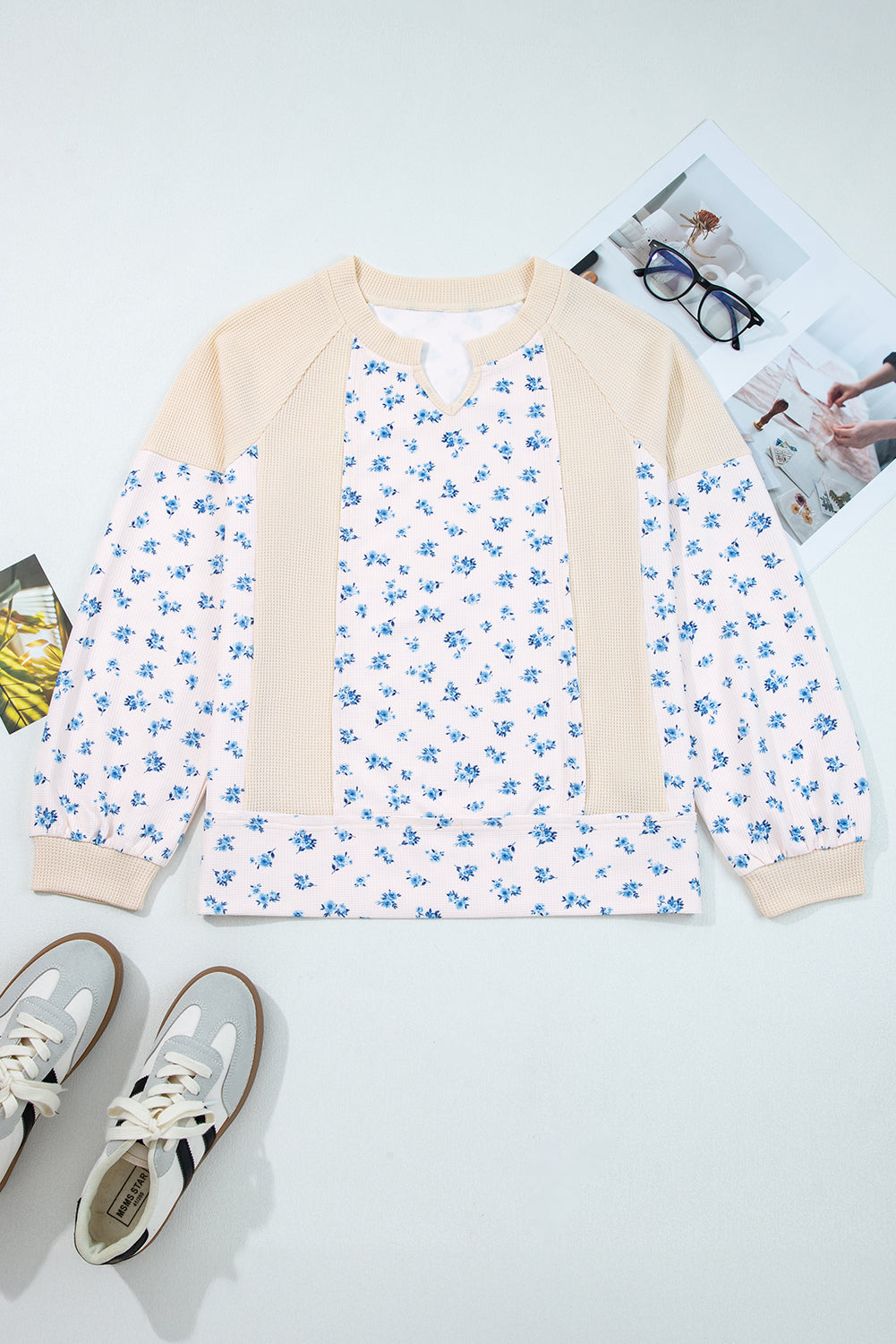 Beige Waffle Knit Floral Color Block Patchwork Balloon Sleeves Oversized Top