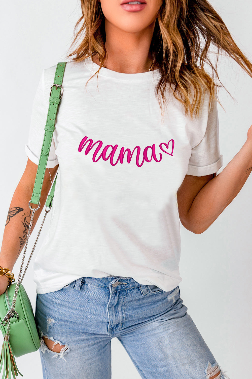 White mama Heart Embroidered Mothers Day T Shirt