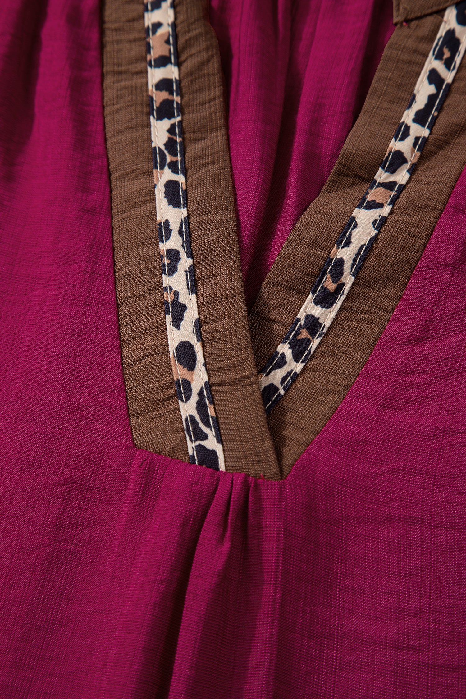 Dirty blue Leopard Trim V Neck Flounced Bracelet Sleeve Blouse