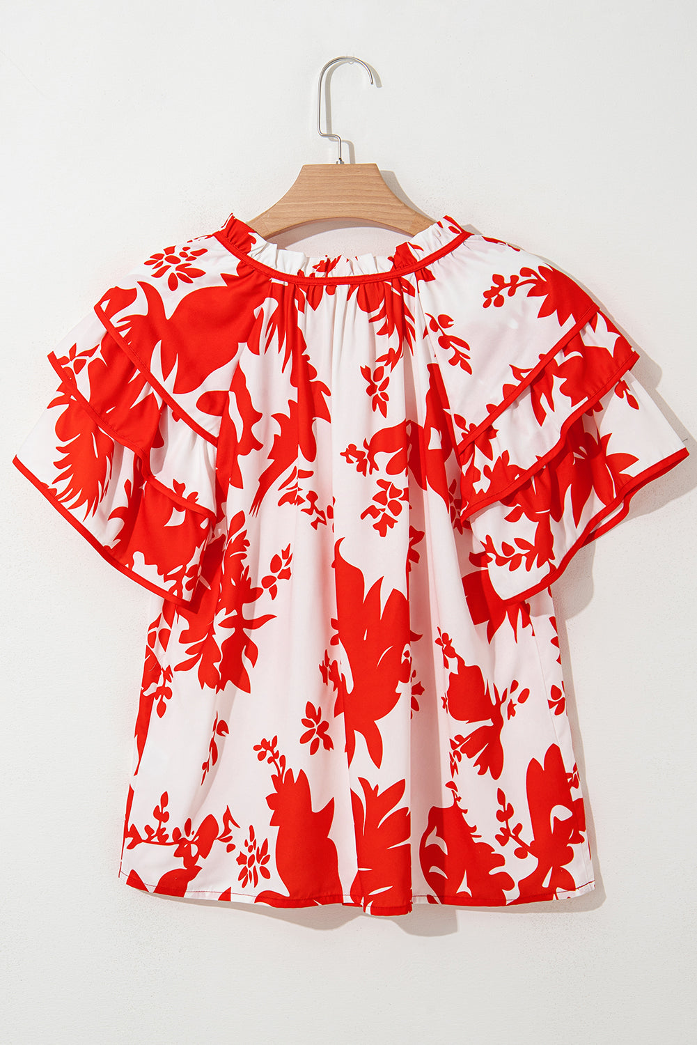 Red Floral Print Trimmed V Neck Ruffle Sleeve Long Dress