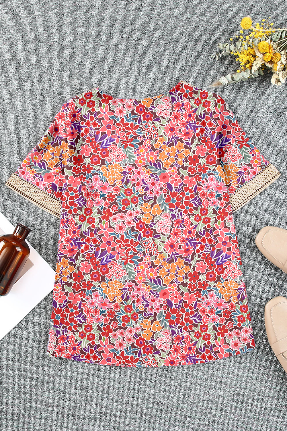 Blue Lace Trim V Neck Short Sleeve Blouse