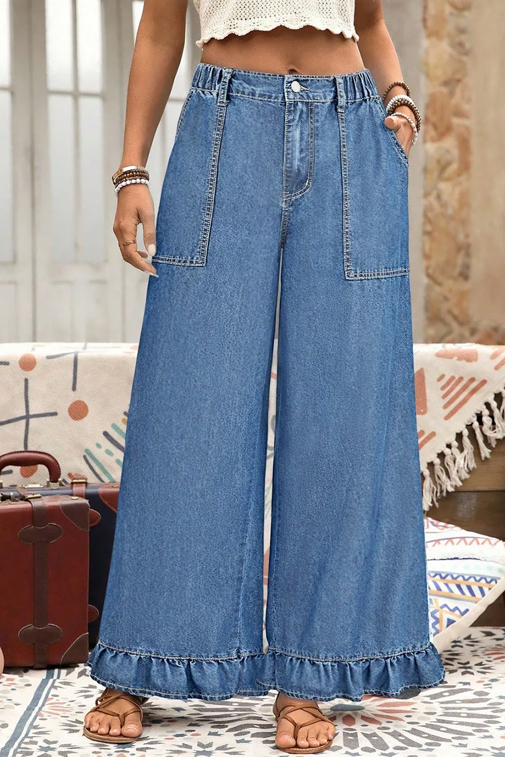 Black Plus Size Elastic Waist Ruffled Wide Leg Denim Pants