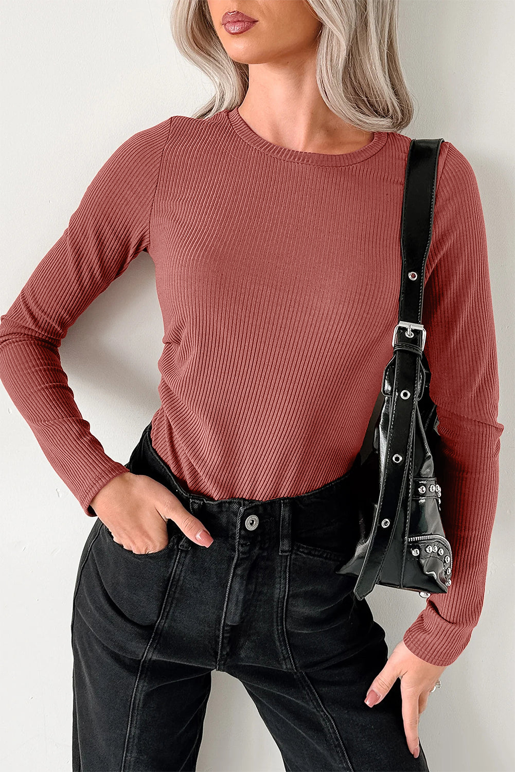 White Ribbed Long Sleeve Crew Neck Solid Color Bodysuit