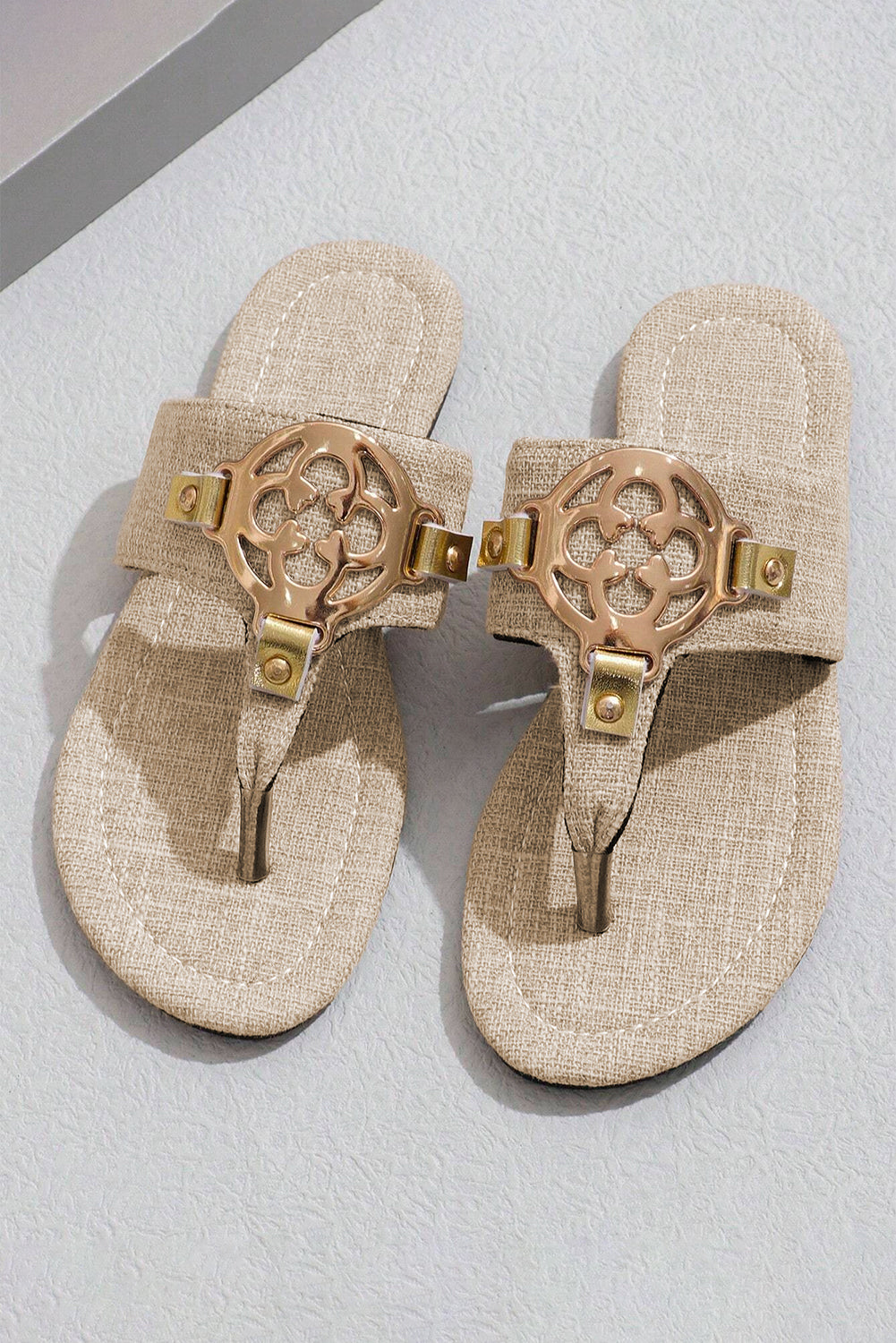 White Metal Decor Leather Thong Slippers