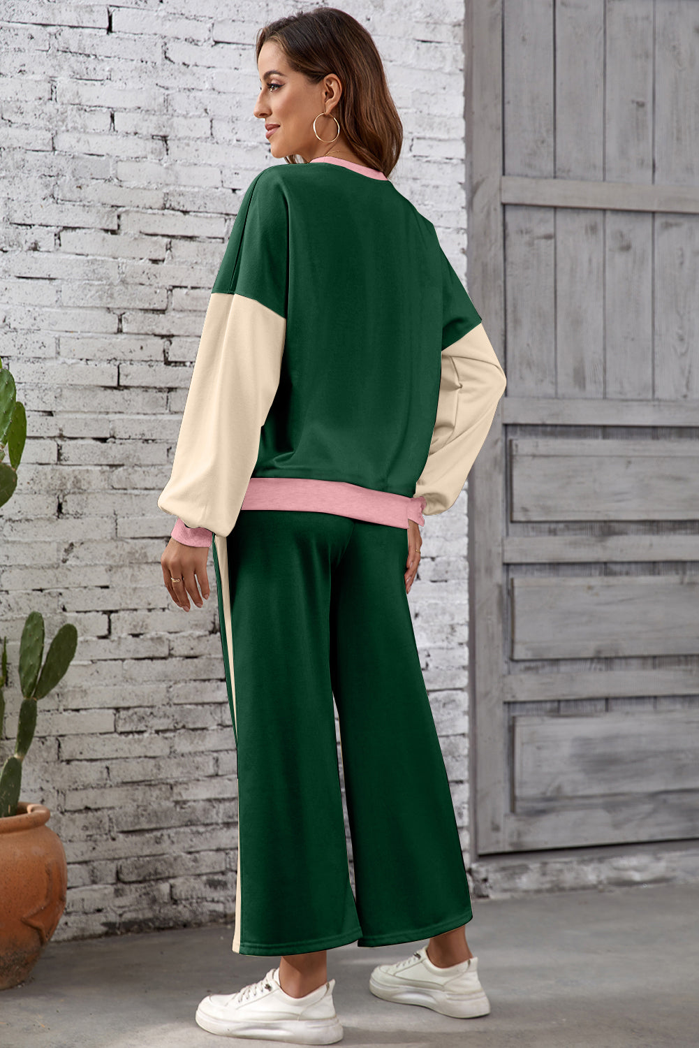 Apricot 2pcs Color Block Pullover Loose Pant Set