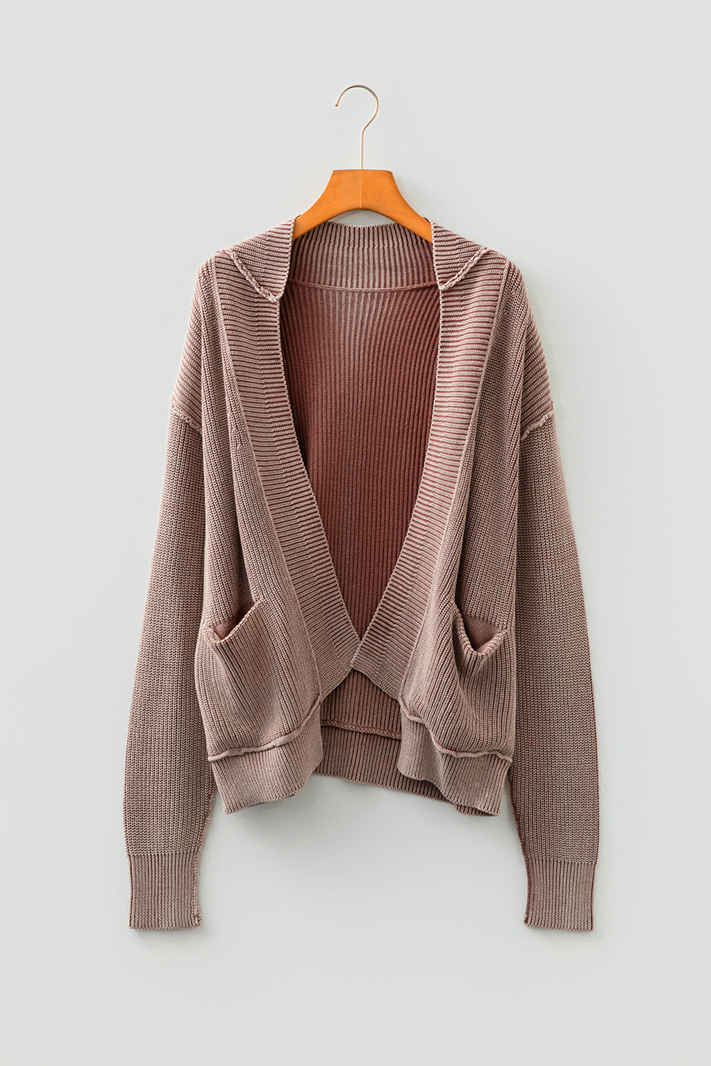 Dark Brown Mineral Wash Exposed Seam Patchwork Knit Open Sweater Cardigan