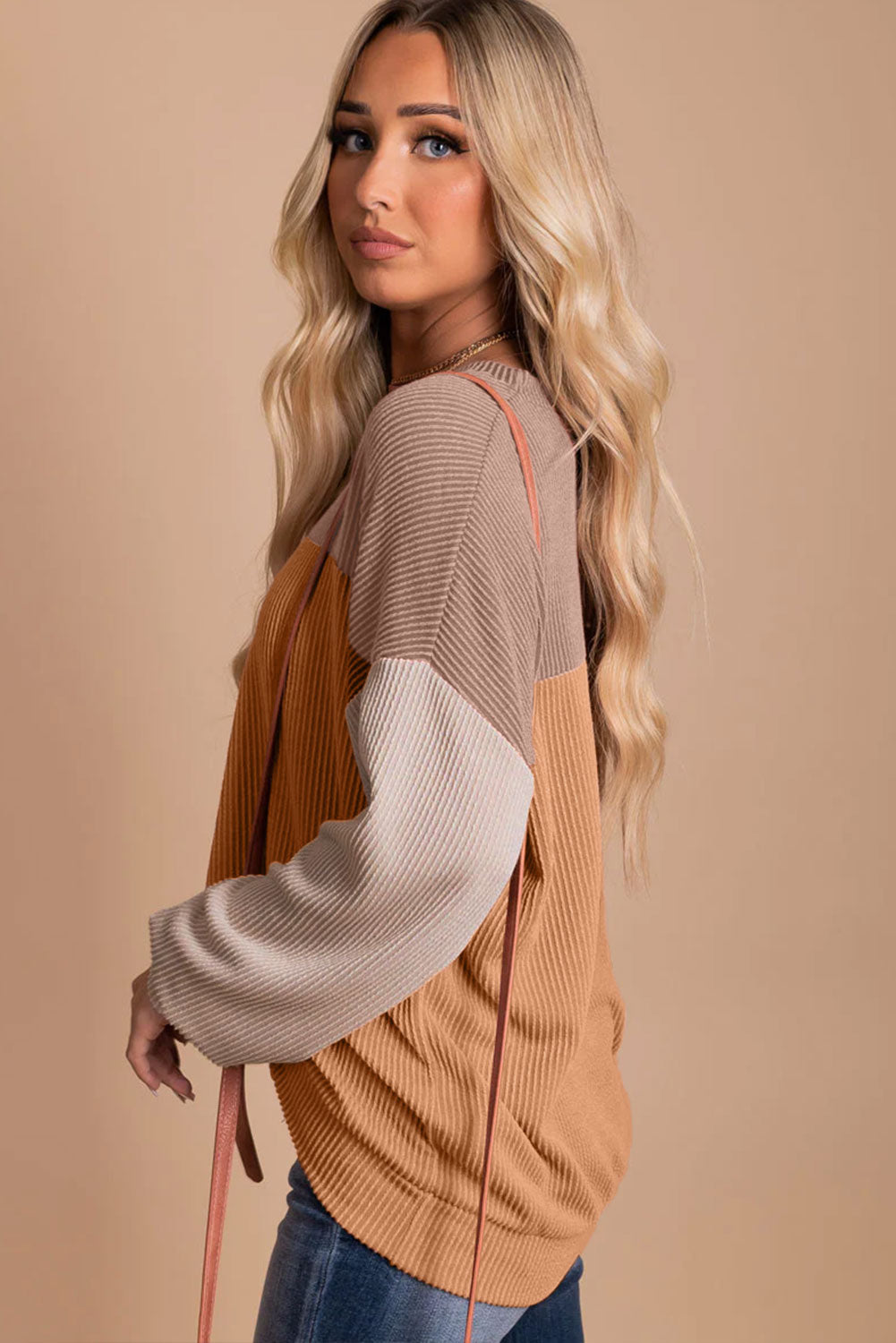 Pale Chestnut Color Block Corded Long Sleeve Top