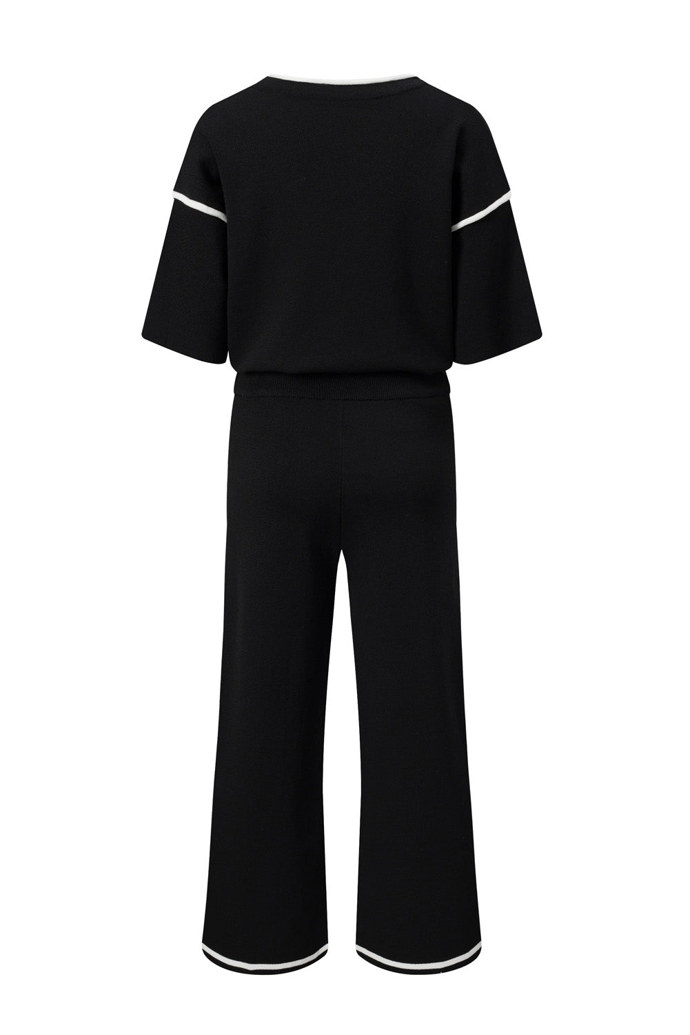 Blackish Green Contrast Trim Half Sleeve Top Drawstring Pants Loose 2pcs Sweater Suit