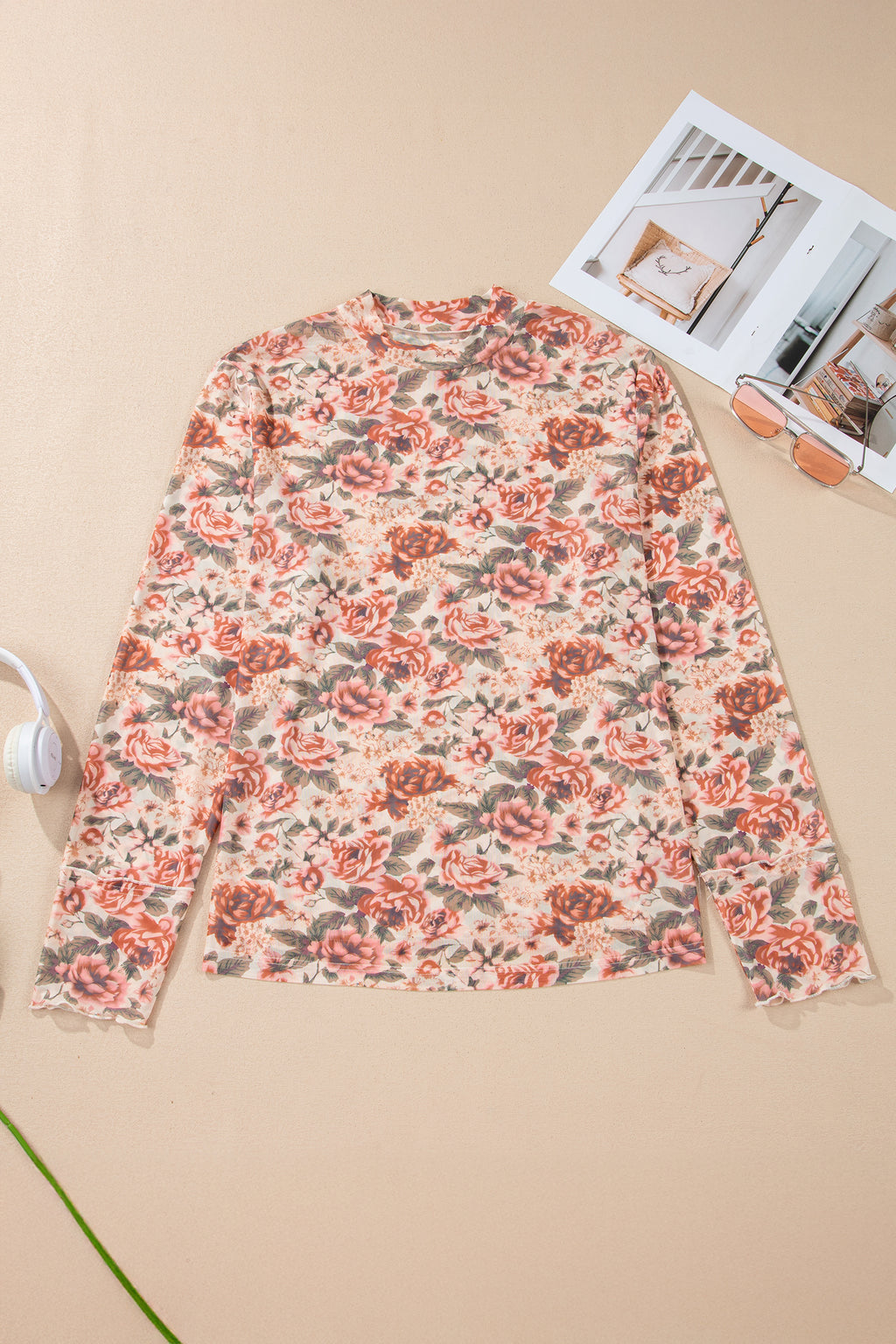 White Retro Floral Print Mock Neck Mesh Long Sleeve Top