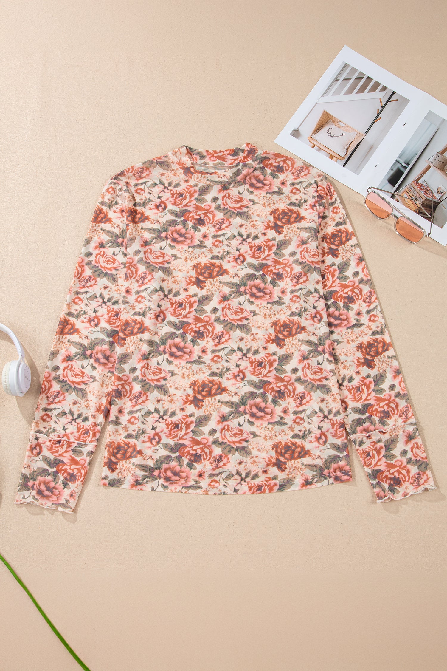 White Retro Floral Print Mock Neck Mesh Long Sleeve Top