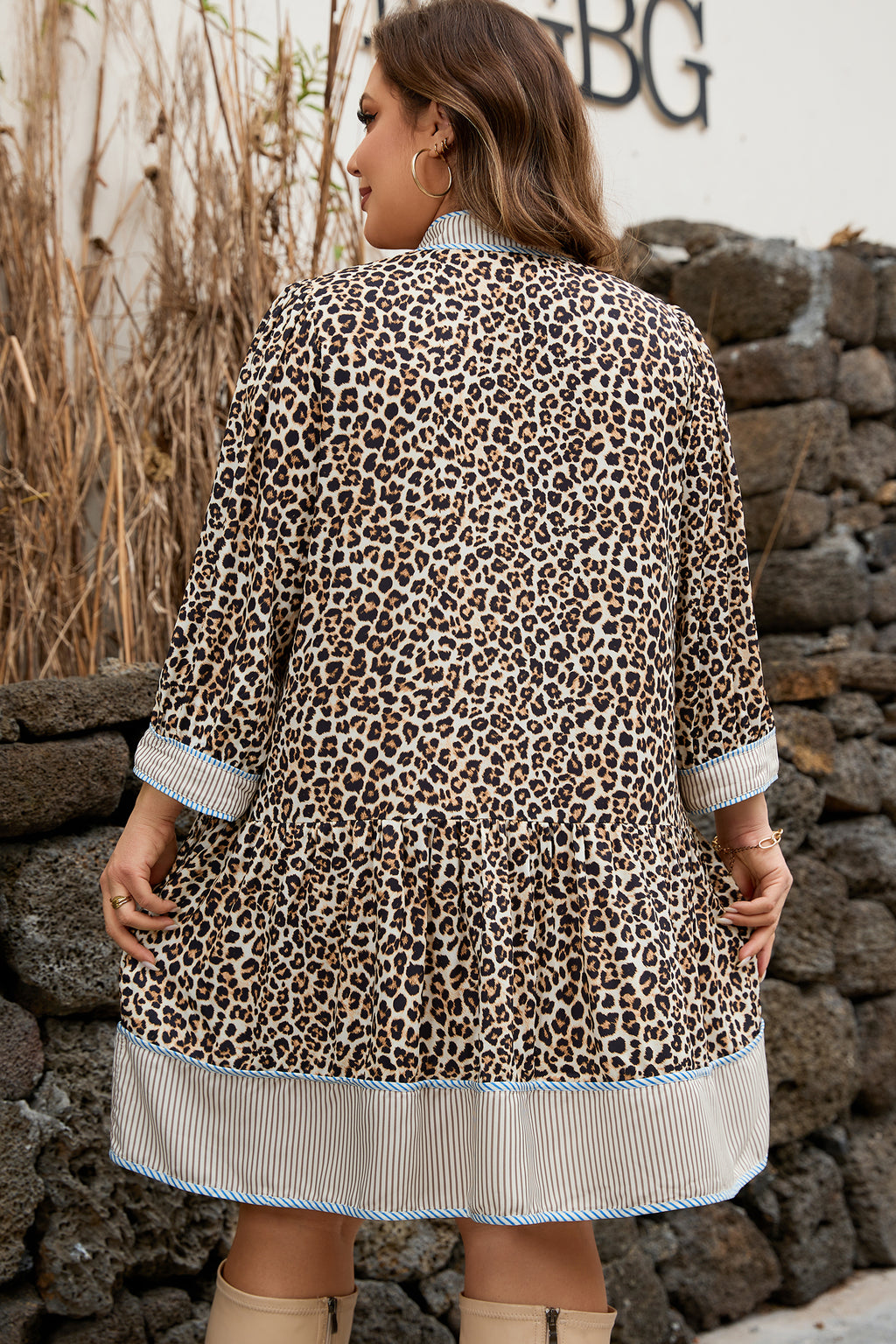 Brown Leopard Print Striped Patchwork 3/4 Sleeve Loose Mini Dress