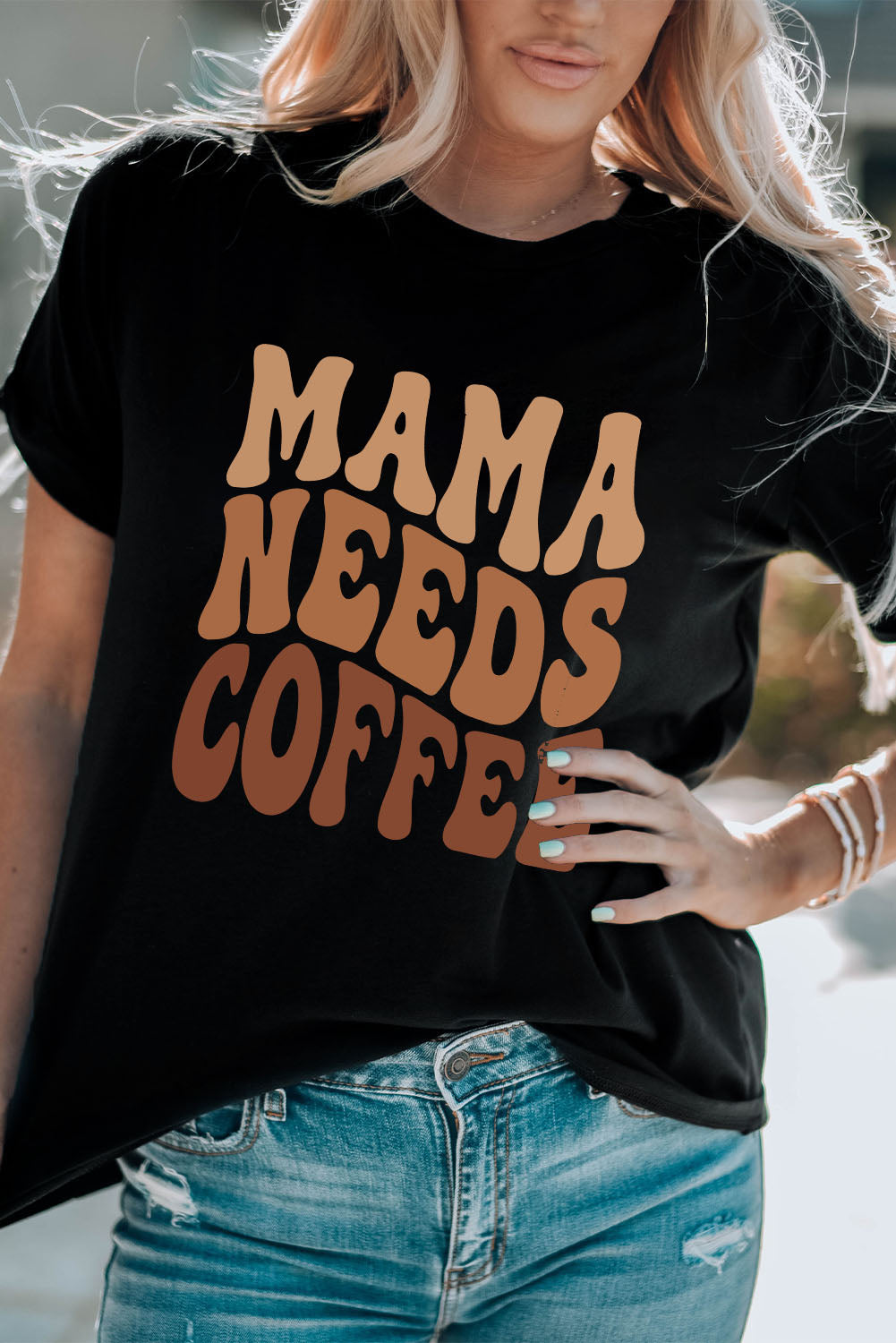 White MAMA Floral Block Graphic Casual T Shirt